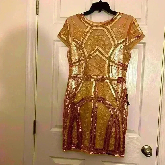 Lulu’s bronze and cream cap sleeve dress - Picture 1 of 7